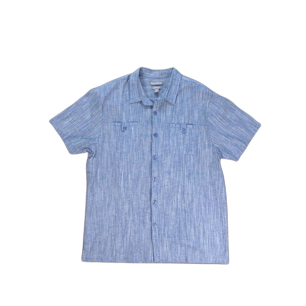 Paulo Solari Blue Linen Cotton Shirt Mens XXL Short Sleeve Tailored Fit